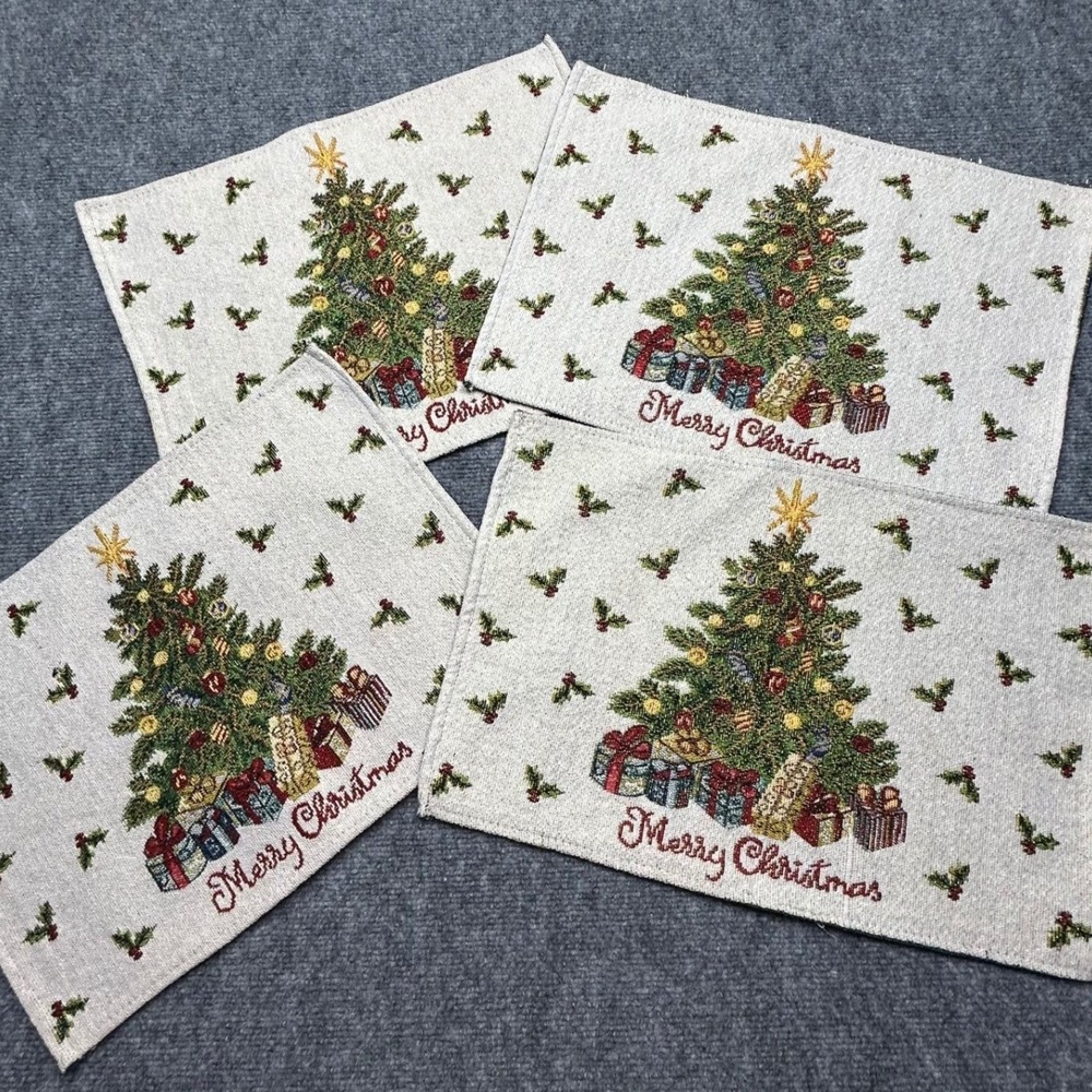 Vintage Christmas Tree Tapestry Placemats Set of 4 Merry Christmas Holly Woven